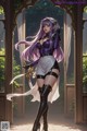 A woman with long purple hair standing in front of a door.