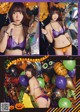 A woman in a purple bikini holding a bunch of balloons.