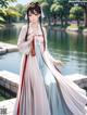 A woman in a long white dress standing next to a pond.