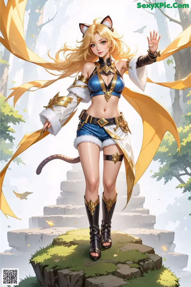 A woman in a cat costume standing on a rock in the woods.