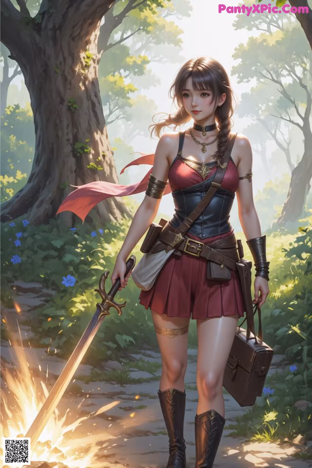 A woman in a red dress holding a sword in a forest.