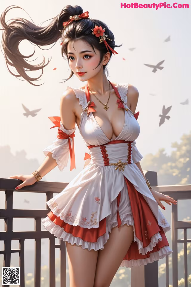 A woman in a white and red dress standing on a balcony.