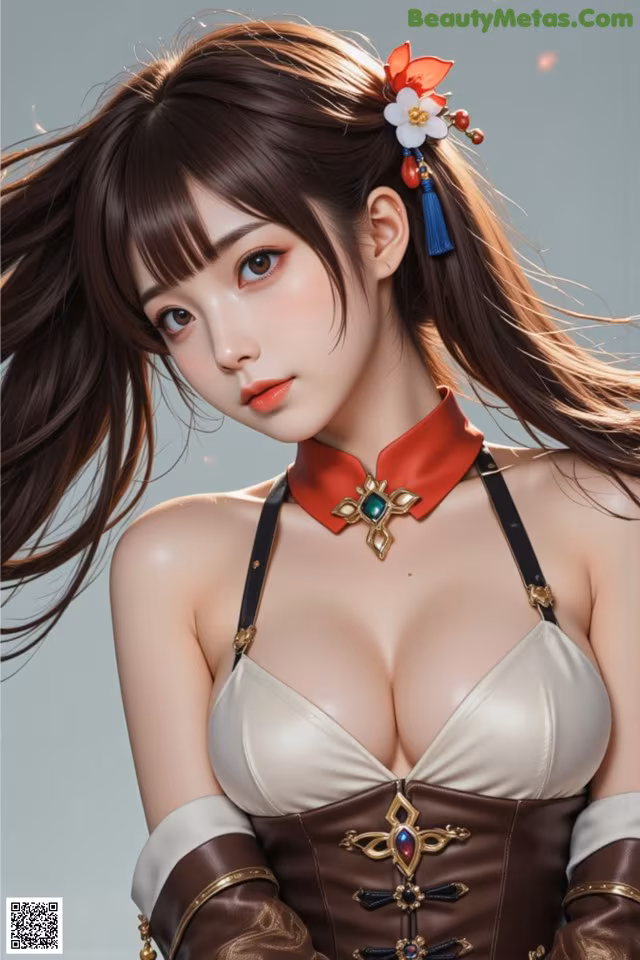 A woman with long brown hair wearing a brown and white outfit.