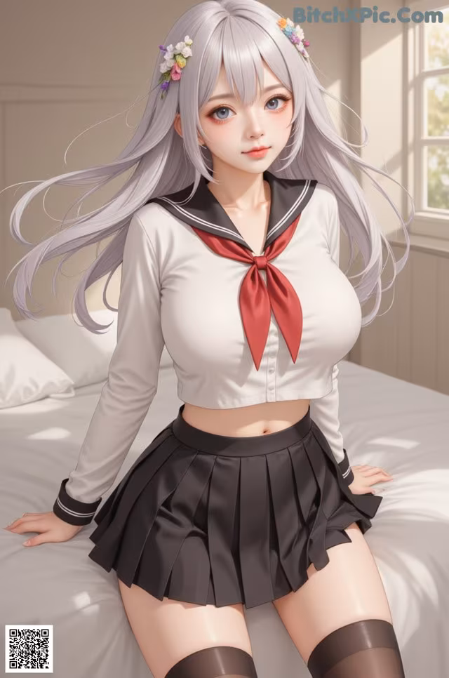 A woman in a school uniform sitting on a bed.