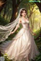 A woman in a wedding dress standing in the woods.