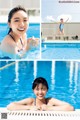 A woman in a blue swimsuit jumping into a swimming pool.