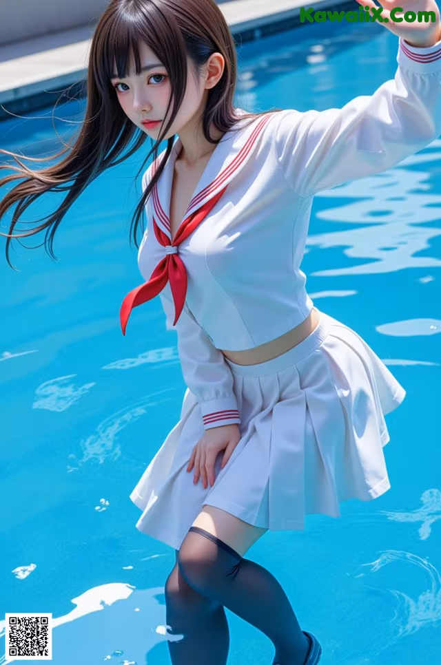 A woman in a sailor outfit standing in a pool.