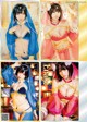 A group of four pictures of a woman in a costume.