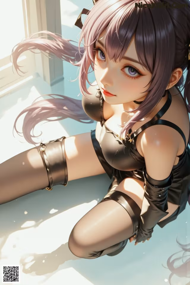 Anime girl with long purple hair sitting on the floor.